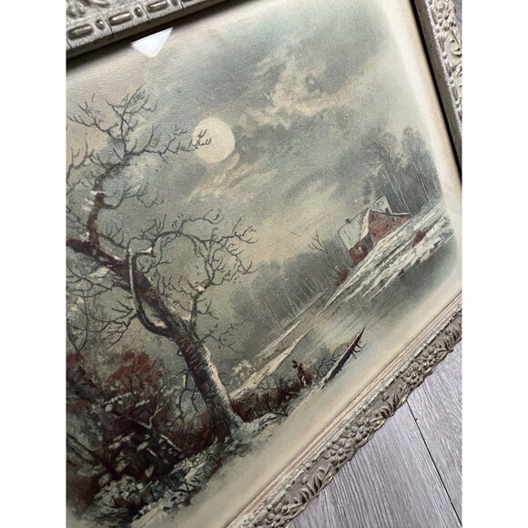 Antique Vintage 1894 J.Hoover Chromolithograph Print Red Barn River Winter Snow - Picture 14 of 16